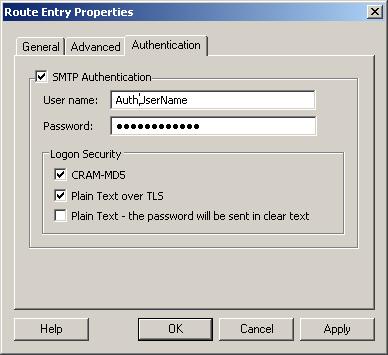 CHAPTER 9: MANAGING MAILMARSHAL SMTP CONFIGURATION If you want to use authenticated SMTP connections, select from the options on the Authentication tab of the Route Entry window.