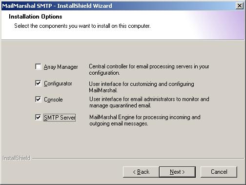 CHAPTER 3: INSTALLING AND CONFIGURING MAILMARSHAL SMTP 11. Clear Array Manager, and then click Next. 12.