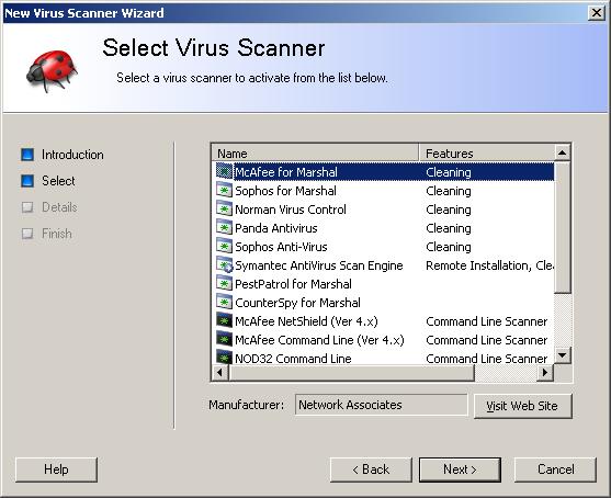 CHAPTER 3: INSTALLING AND CONFIGURING MAILMARSHAL SMTP 5. On the Action menu, choose New Virus Scanner. Note: For detailed guidance on this wizard, click Help on each window. 6.