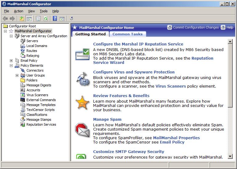 CHAPTER 4: UNDERSTANDING MAILMARSHAL SMTP INTERFACES Working With the Getting Started and Common Tasks Pages When you start the Configurator for the first time, the right pane shows a taskpad with
