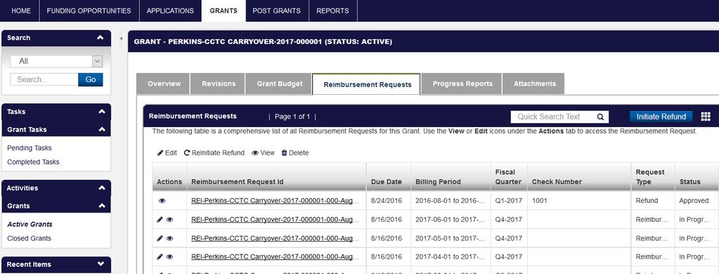 In the Grant view screen, click on the Reimbursement Requests tab (Fig. 41). Click on the Initiate Refund button to begin the process.