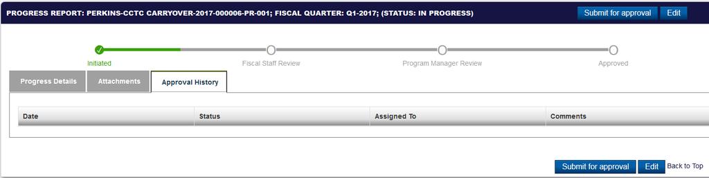The final tab is the Approval History tab, which will display the status of approvals of the Progress Reports once it has been
