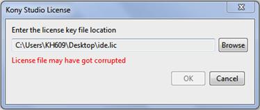 What do I do? The license prompt in Kony Studio 4.1 accepts.txt licenses. If you have activated Kony Studio 4.1 with.lic file, then you need to click Cancel to close the prompt and proceed.