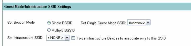5. With a single BSSID broadcast configuration, in order to ensure that the Ascom voice SSID is broadcasted set the Beacon Mode to Single BSSID and select Set Single Guest Mode SSID to the Ascom