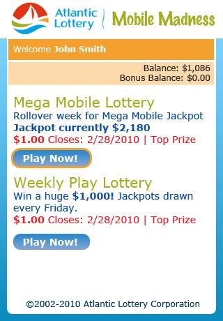 Instant Lottery Draw Player selects Lotteries from the menu