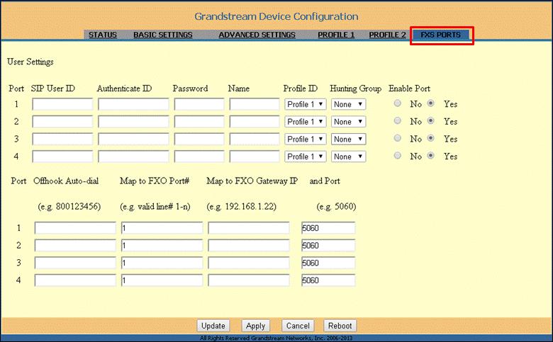 Figure 16 Grandstream FXS PORTS To create a new user for the Grandstream devices, click on the FXS PORTS tab.