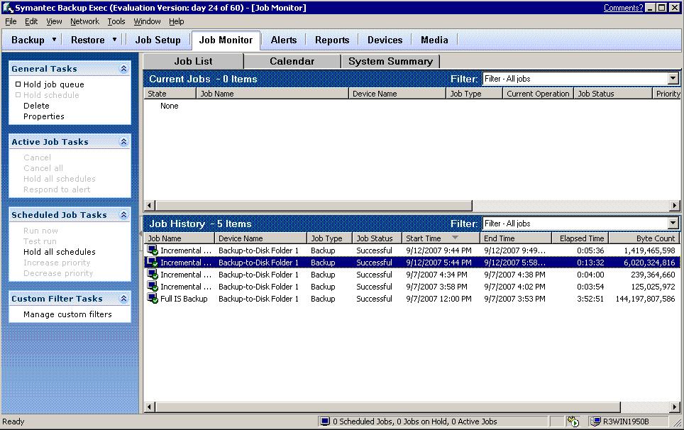 Figure 7: Symantec Backup Exec Screen Shot The performance of the 5 servers over the 8-hour simulation is tallied in Table 3.