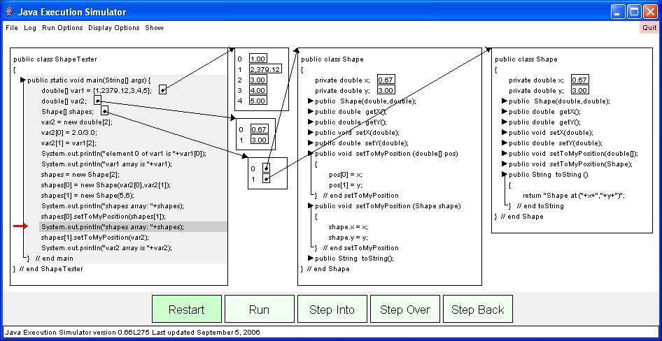 Figure 11: An example with arrays. Another useful feature of the simulator is the ability to set breakpoints. The user sets a breakpoint by shift-clicking on a line of code.