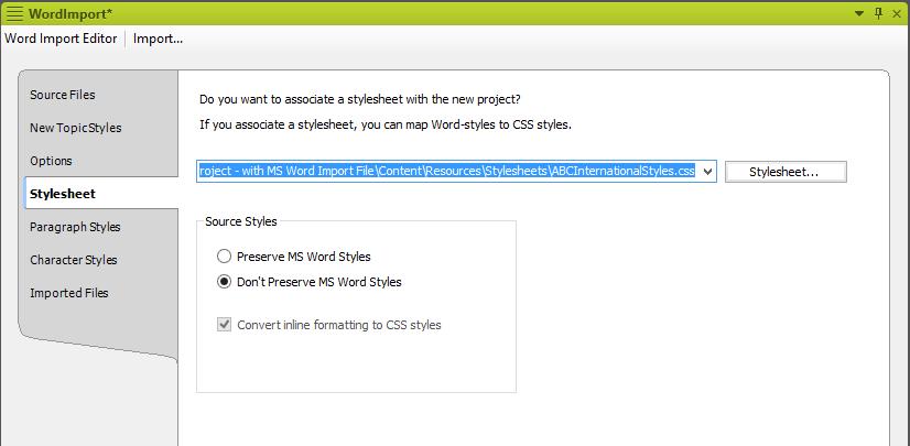 Stylesheet tab Pick the project s default stylesheet Inline formatting