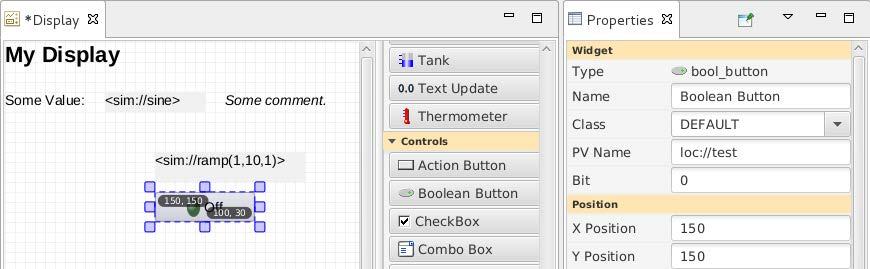 to add a value that counts to 10 at 1 second intervals (more on sim PVs later) Add a toggle button to input a value Drag a Boolean