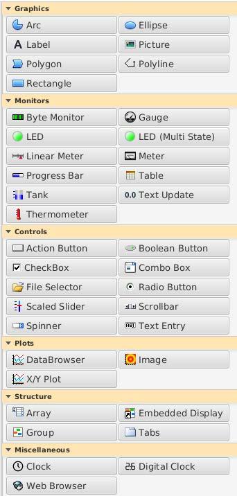 Editor: Using the Widget Palette Add widget to display: a) Drag widget from palette into editor b) Select widget in palette, then rubberband location and size in editor Widgets are arranged by