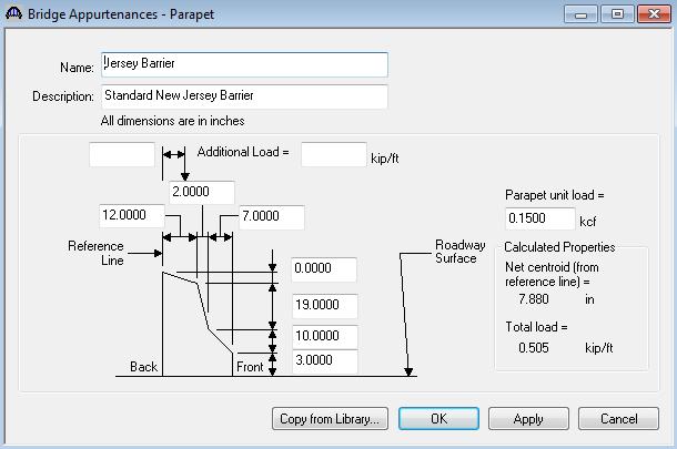 To enter the appurtenances to be used within the bridge expand the tree branch labeled Appurtenances. To define a parapet, double click on Parapet in the tree.