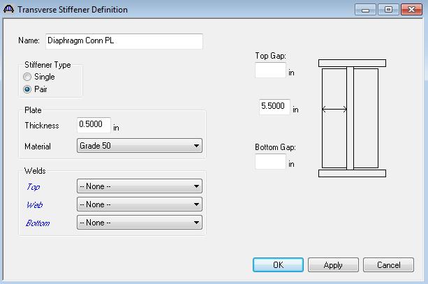 Define stiffeners to be used by the girders. Expand the Stiffener Definitions tree item and double click on Transverse.