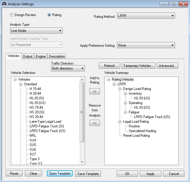 The Analysis Settings window with the selected vehicles is shown