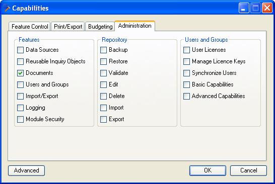Figure 3-108: Set Capabilities Feature Control Manage the Print/Export and Budgeting functionality by clicking on the relevant tab as shown in Figure 3-109.