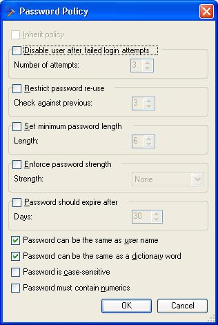 The dialog Password Policy dialog opens.