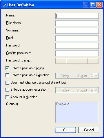 The User Definition dialog has fields to enter the User Name and optionally, the first and last names (Figure 3-116).
