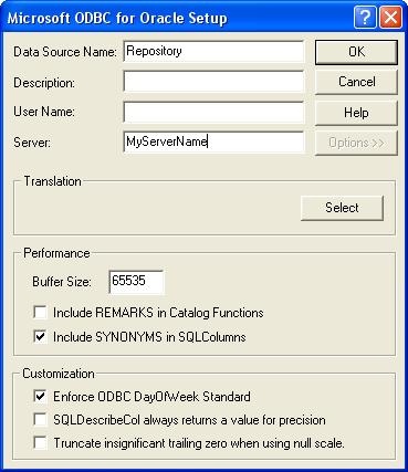 Creating a Data Source Repository Connection using Oracle When the Oracle driver is selected, you will see a dialog similar to the one shown in Figure 6-17.