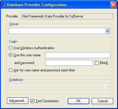Figure 3-7: Database Connection Configuration SQL Server Server Use the drop-down box to select the Server on which your Database is located, or type in the location.