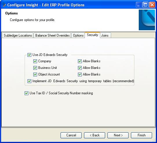 Enterprise One Security Options (EnterpriseOne sites only) If you are configuring an EnterpriseOne location, you will see the Security tab, as shown in Figure 3-40.