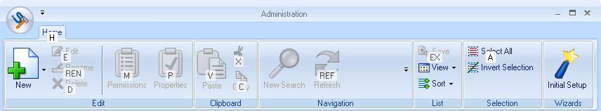 Clicking the different functional elements in the left-hand pane of the Administration Application will change the Ribbon to provide the icon tools appropriate to your selection.