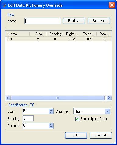Figure 3-50: Edit Data Dictionary Override Enter the Name of the item as entered on the Data Dictionary table, and click Retrieve to import the attributes to the override table.