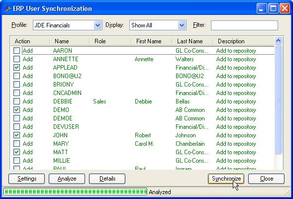 Figure 3-58: ERP User Synchronization Synchronize The user names and data will then be imported into the Insight Repository.