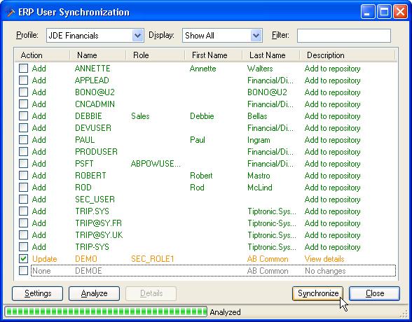 Figure 3-59: ERP User Synchronization In the example, the users who have yet to be imported are green, the user to be updated is in orange and the user with
