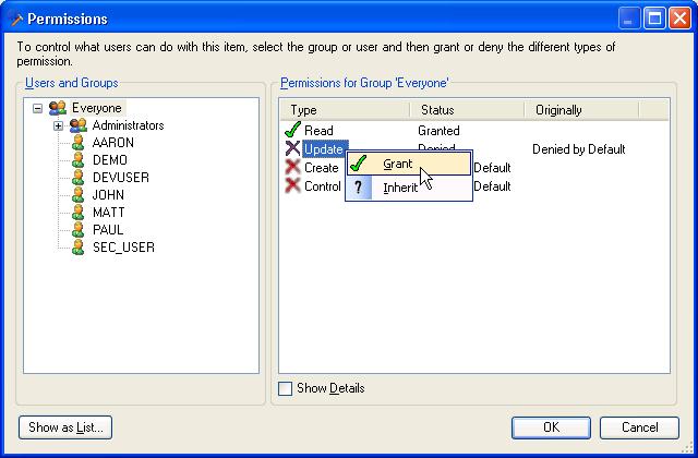 From the left-hand pane of the Permissions dialog, select the User Group or individual User you are assigning the right to, and then right-click on the Permission Type that you want to assign and