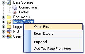 Select Import/Export in the left-hand pane of the Administration Application Tool and the Ribbon bar will display functional icons (as shown in Figure 3-77).