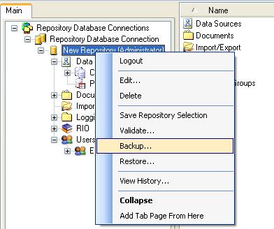 Alternatively, you can select the Repository from the left-hand pane of the Administration Application Tool and right-click to select the Backup function (Figure 3-83 Figure 3-83: Repository Backup