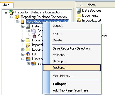 Restoring an Object Repository Use the Restore function to add an existing Repository to a new one. Create a New Repository or Open one that you wish to add to.