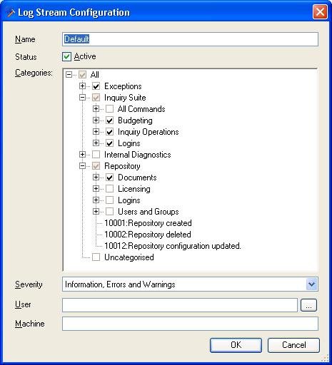 Configuring the Log To edit a Log Stream, right click on the Default Log Stream provided with the repository and select Edit. The Log Stream Configuration dialog will be displayed as per Figure 3-86.