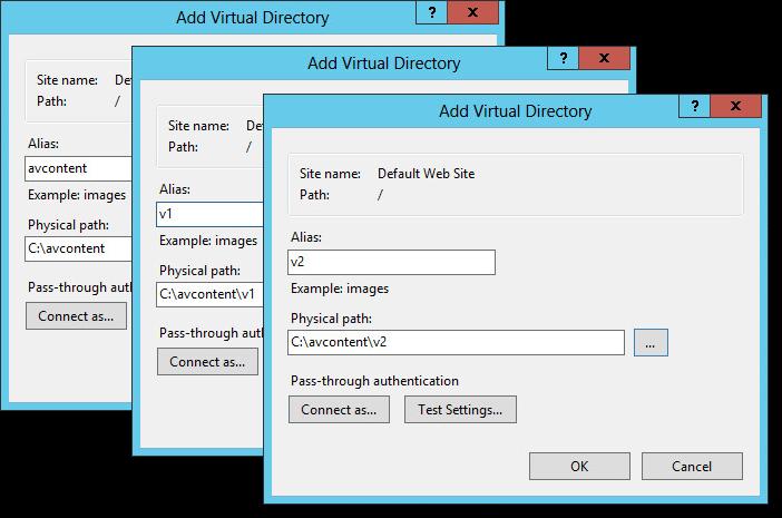 7. Add a virtual directory for each of the folders you created in "Creating AntiVirus