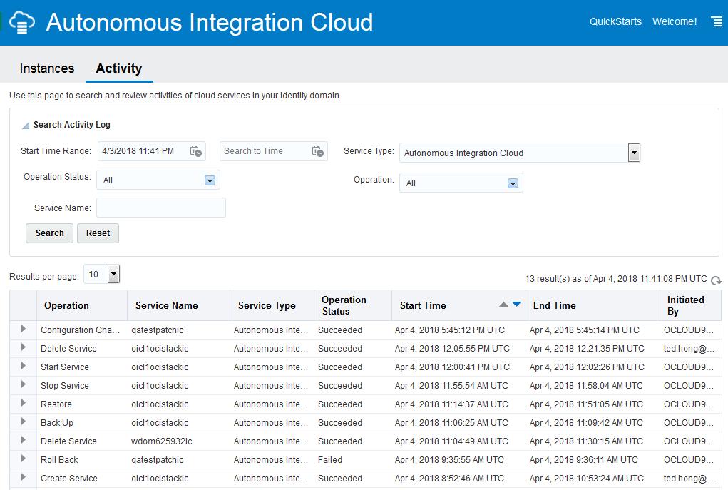 Chapter 2 About the User Interfaces of the Oracle Autonomous Integration Cloud My Services Console The Activity page is divided into the following sections: The Search Activity Log section, from