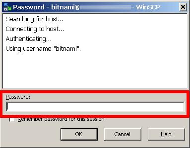 Enter yur server hst name and set bitnami as the server username. Frm the "Sessin" panel, use the "Lgin" buttn t cnnect t the server and begin an SCP sessin. Enter the passwrd when prmpted.