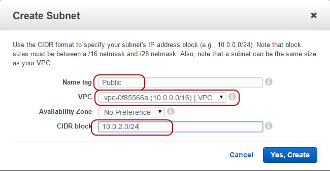 2. Enter the name "Public", and select your VPC from VPC drop-down menu. In the CIDR block text-box, enter its subnet address "10.0.2.0/24". 3. Click Yes, Create.