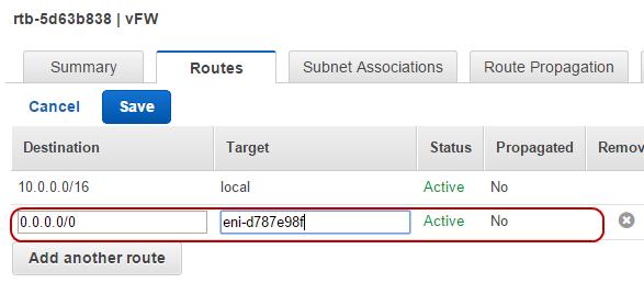 3. Click Add another route, and enter the ID of vfw's eth0. 4. Click Save. Step 3: Creating EC2 instance 1.