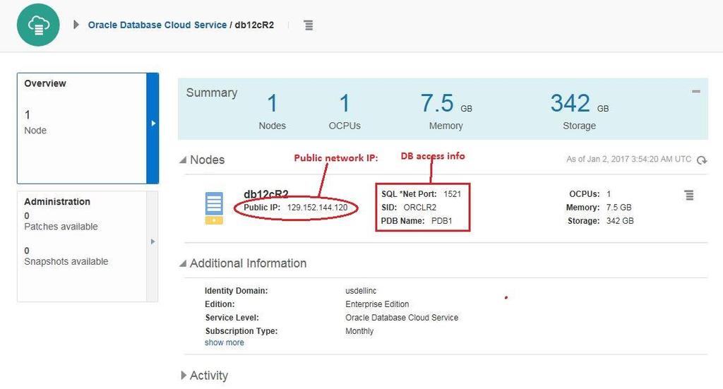 Access the Database host and DB Instance Details of Database Instance in the Cloud DB host public IP: