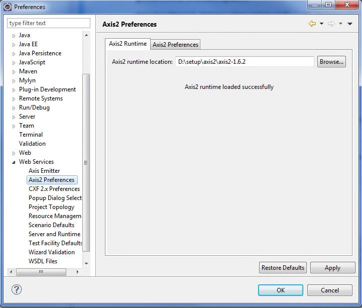 Navigate to Window > Preferences > Web Services > Axis2 Preferences.