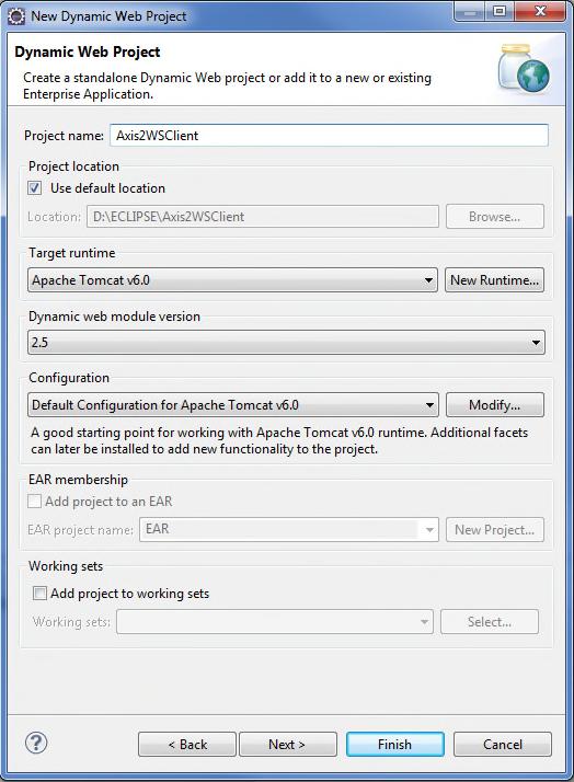 adg_javaclient.fm Generating a Java client Proxy and a Sample Application Java client proxy creation 3. In the New Dynamic Web Project screen: a) Type in the Project name (i.e. Axis2WSClient) b) Make sure that Apache Tomcat v6.