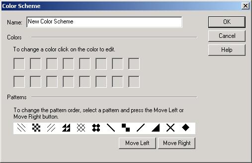 160 Chapter 9 - The xpression Chart Rule 12. The color scheme dialog box appears. Figure 120. You can set the color scheme name, define up to 16 colors, and select a fill pattern. 13.