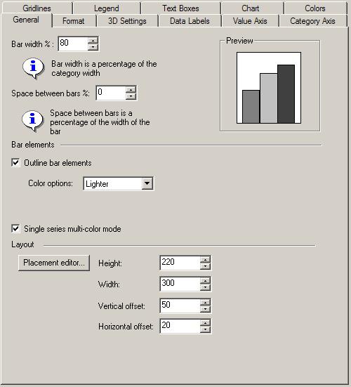 176 Chapter 9 - The xpression Chart Rule Bar and Column General Tab The bar and column General tab contains general formatting and layout options such as, bar width, space between bars, outlining,