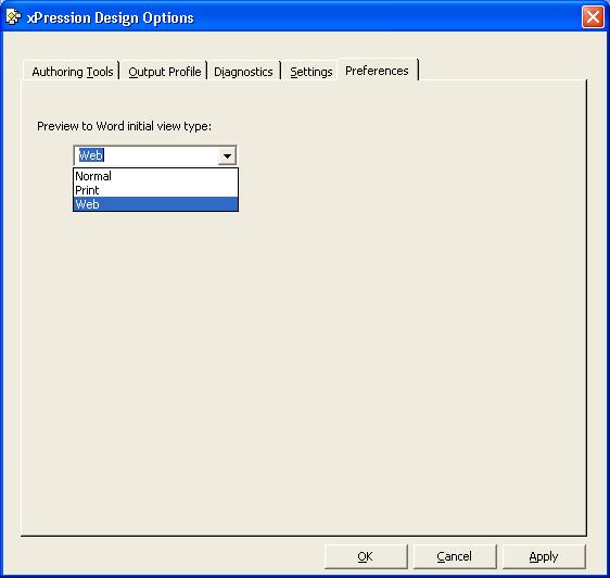 32 Chapter 4 - The xdesign Interface xdesign Options Page: Preferences Tab Enables you to specify the default view type to be used when previewing documents in Word.