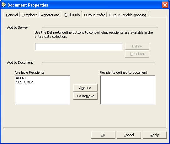 39 Chapter 5 - The xdesign Document The Document Properties Recipients Tab The options on this tab enable you define recipients for different sections of your document. Figure 19. The Recipients tab.
