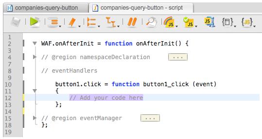 Writing the filtering code for the button To write the filtering code, you can do the following: 1. Select the Button. 2. Click on the Events tab. 3. Click the On Click event.