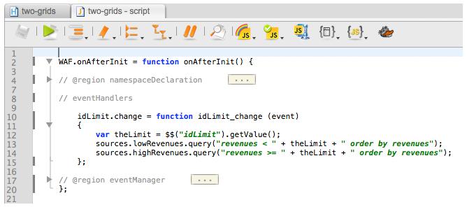 Go to the Events tab and click on the On Change event. Insert the following code in the area defined for the event: var thelimit = $$("idlimit").getvalue(); sources.lowrevenues.