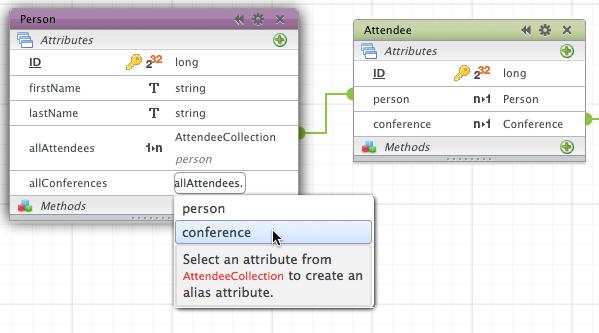 So, it opens the auto complete menu, filled with the available attributes of the Attendee class.