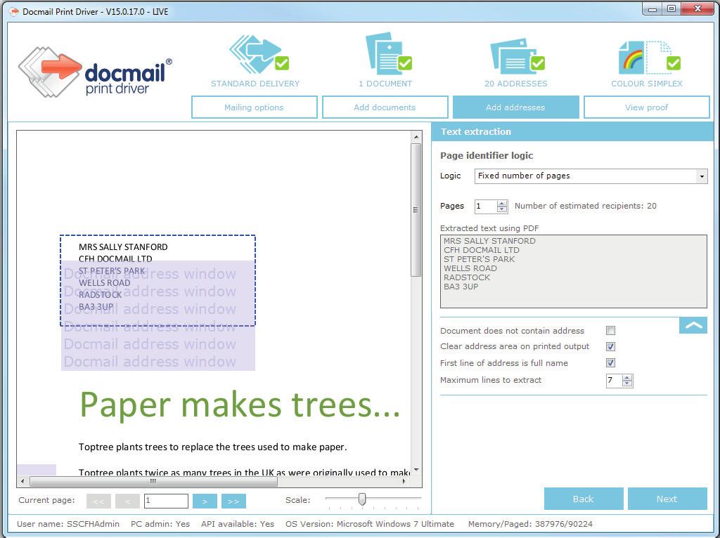Extract addresses If your document already includes the address Docmail can extract the address and print it in the correct position for a standard envelope or ready to print it on the outer envelope.
