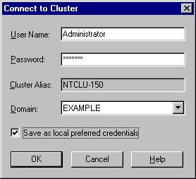 In the tree view, select the cluster to which you want Oracle Fail Safe Manager to connect. Then, on the File menu, select Connect to Cluster. Oracle Fail Safe opens the Connect to Cluster dialog box.